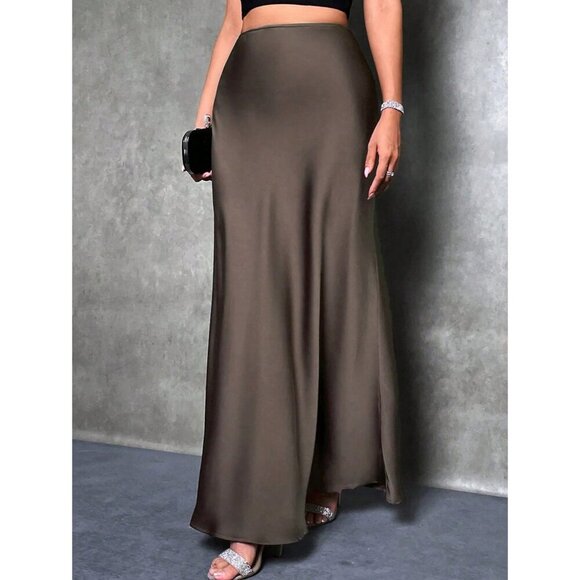 Satin maxi skirt long minimalist luxe classy brown - Picture 1 of 9